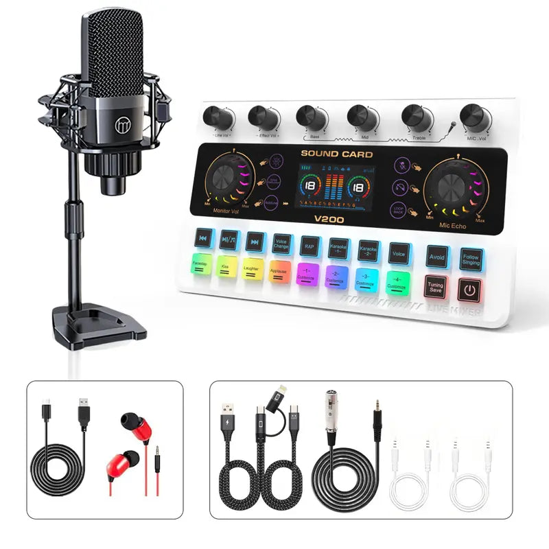 Zealsound V200 Podcast Equipment Bundle - Condenser Recording Microphone, Rechargeable Sound Card with Touchscreen RGB Voice Changer, Mics for Iphone, Mobile, Mac, PC for Podcasting, Live Streaming