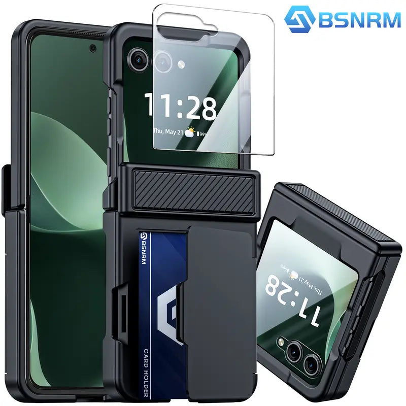 BSNRM Hard Shell Protective Cover for Motorola Razr Series (2024-2026) - Polycarbonate Slim Snap-On Fit Case with Non-Slip TPU, Card Holder, RFID Blocker, Hinge Protection, 9H Tempered Glass Shield, Shockproof, Stand, Mobile Phone Accessories