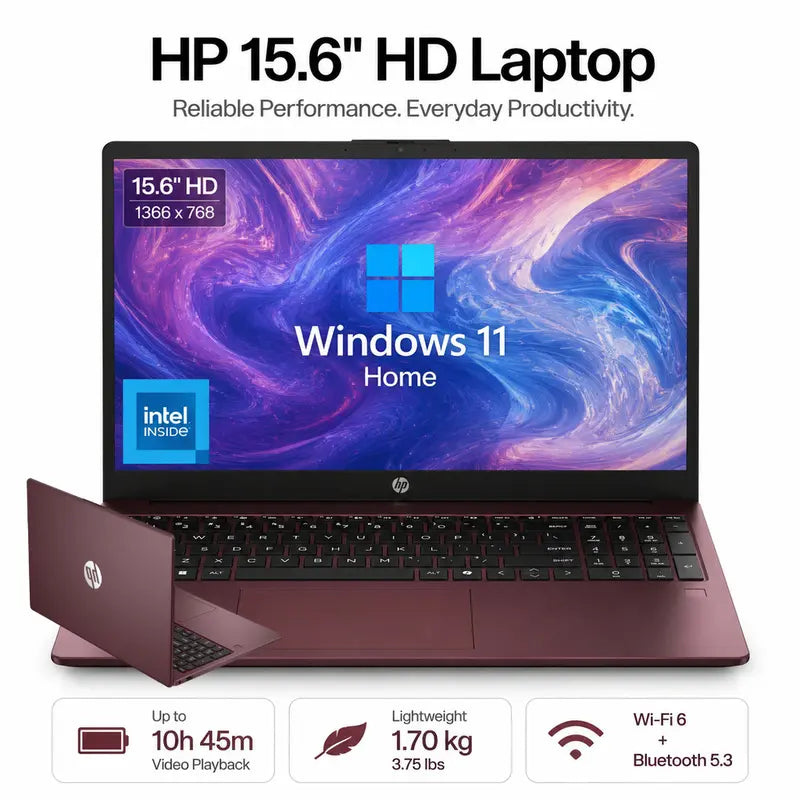 HP 15.6" Portable Laptop - Power and Performance with Intel Quad-Core N200, Stunning HD Display, and Versatile Connectivity