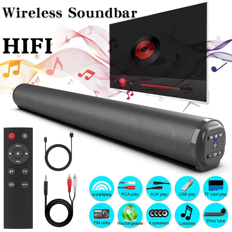 Elevate Your Home Theater Experience with the DAZONE Compact Smart TV Sound Bar - Wireless Bluetooth Speaker with Built-In Subwoofer, Remote Control, and Surround Sound
