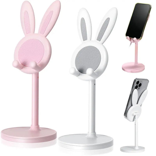 2 Pcs Cell Phone Stand for Desk, Cute Adjustable Phone Stand with anti Slip Pad, Bunny Ears Designed Holder for All Mobile Phones , Office Home Desktop Accessories, Pink+White