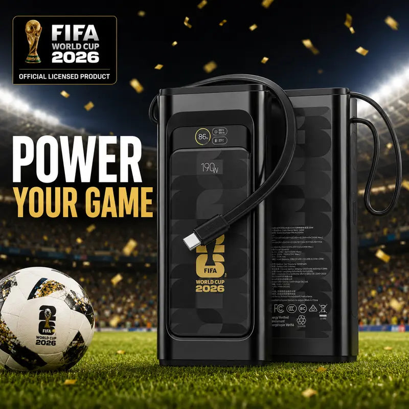 Chargeable FIFA World Cup 2026 Li-Ion Power Bank, 20000Mah Max 190W Compact Durable Multi-Port Portable Charger with Built-In Cable, 2-Port Smart Display, TSA Approved Digital Mobile Solution for 100W Power Banks, Smartphones, Laptops
