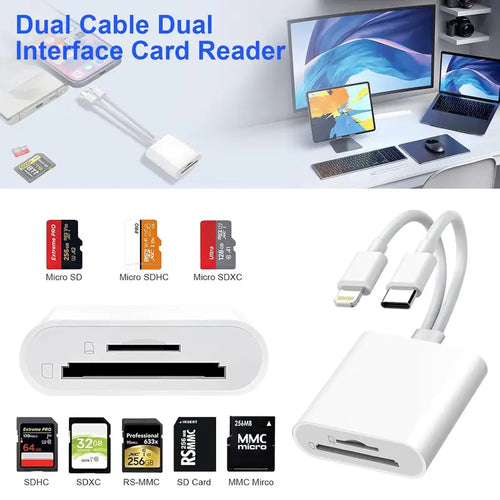 2-In-1 SD Card Reader for Iphone Ipad, USB C & Lightning Dual Interface Memory Card Reader Adapter, Digital Camera Adapter Compatible with Iphone, Ipad, Macbook, Imac, USB C Laptop, Supports Sd/Tf/Micro SD Cards, Fast Data Transfer, Plug & Play, Camera