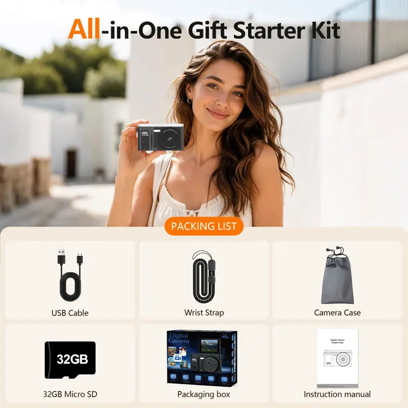 Lmzour Rechargeable 4K 75MP Point & Shoot Digital Camera with 18X Digital Zoom, 2.8" 180° Flip LCD Display, Autofocus, Webcam Mode, LED Fill Flash, CMOS Sensor, Li-Ion Cell, Microsd Slot, Charging Cable – Vlogging, Travel Gift