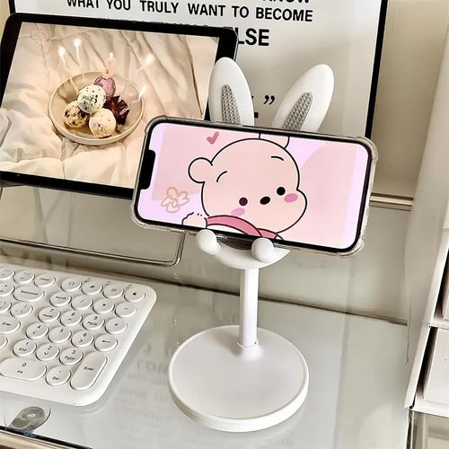 2 Pcs Cell Phone Stand for Desk, Cute Adjustable Phone Stand with anti Slip Pad, Bunny Ears Designed Holder for All Mobile Phones , Office Home Desktop Accessories, Pink+White